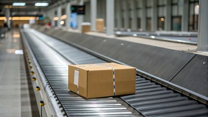 Tariff Wall Supply Chain Disruption concept, A cardboard box sits alone on a conveyor belt in a warehouse setting.