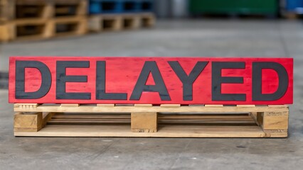 Tariff Wall Supply Chain Disruption concept, Sign indicating "DELAYED" placed on wooden pallets in a warehouse setting.