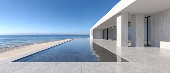 Obraz premium Modern beachfront villa with infinity pool and stunning ocean view at midday