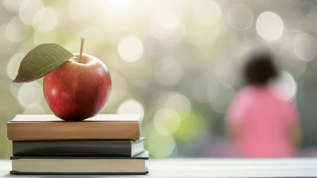 Shiny red apple with leaf sits atop a stack of books, evoking learning, with a blurred background suggesting a school or park setting