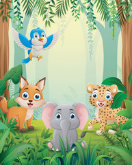 Happy cartoon animals in a lush forest