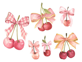 Coquette Cherry Bow. Watercolor illustration for Feminine Design and Aesthetic Decor