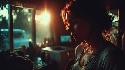 Woman in Soft Light Pondering Inside Room with Natural Sunlight
