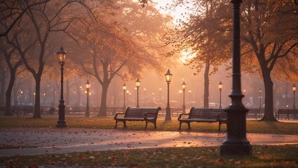 夕暮れの静寂に包まれた秋の公園