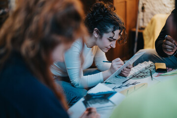 A group of people engaging in artistic activities, drawing and sketching on paper, fostering creativity and collaboration within a relaxed indoor environment.