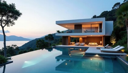 Fototapeta premium Sleek minimalist home, infinity pool, lush landscaping, modern, swimming
