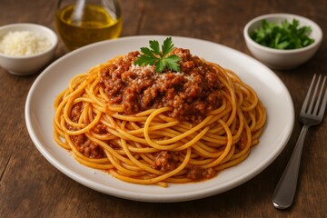 Delicious Spaghetti Topped With Rich Meat Sauce Served on a Wooden Table