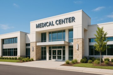 Medical Center Exterior in Bright Daylight Showcasing Modern Architecture and Landscaping
