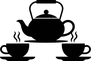 Tea Time Icon Set With Teapot And Cups Black Silhouette Illustration