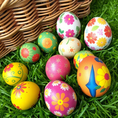 Naklejka premium Colorful decorated eggs arranged on green grass near a wicker basket with fairy lights during a festive spring celebration