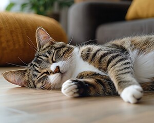 Sleeping tabby cat indoors, relaxing on floor with closed eyes. Soft focus background