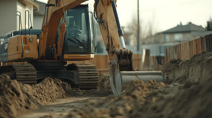 Fototapeta premium Excavator operator digging trenches for utility lines in a new neighborhood. Featuring trench excavation