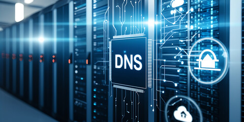 Obraz premium DNS and Server Room – Core Infrastructure of Internet Connectivity and Networking