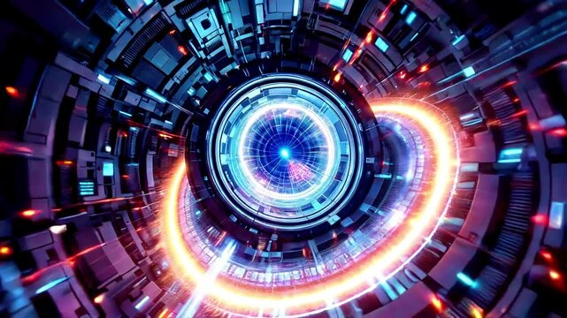 Glowing particles race inside futuristic particle accelerator as camera orbits to reveal energy pulses and advanced machinery

