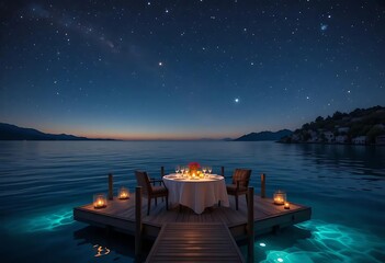 Romantic Starlit Dinner: Floating Table, Calm Sea, Serene Night