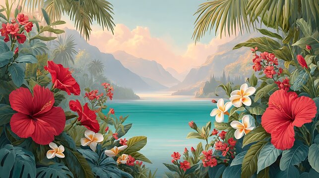 Serene Tropical Landscape with Vibrant Flowers and Calm Water Under a Bright Sky