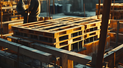 Formwork carpenter assembling wooden molds for concrete pouring. Featuring structural framework construction
