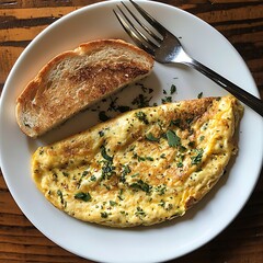 Omelet with herbs on a white plate, a side of toast, and a fork