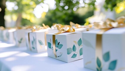 Elegant Wedding Favors with Gold Ribbons and Botanical Designs on Display