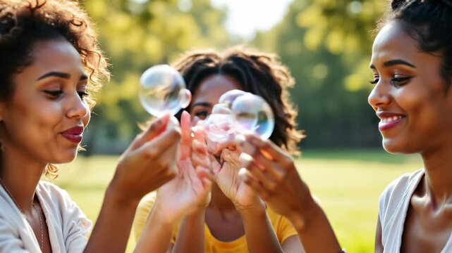 Three women are laughing and playing with bubbles