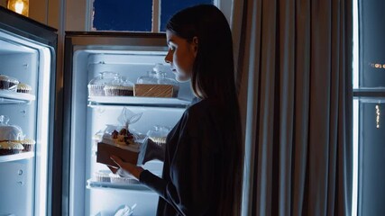 Woman taking dessert from refrigerator at night