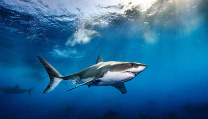 Great white shark with many teeth in its jaws swimming around in the freedom of the blue ocean background