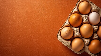 Six brown eggs nestled in carton against warm terracotta backdrop for national egg day