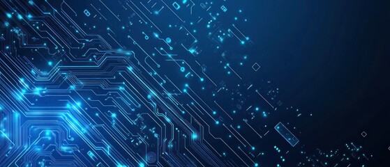 Fototapeta premium Blue vector background with digital circuit board elements and tech symbols for an advanced technology or computer graphics concept