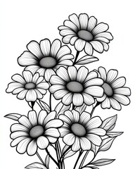 A black-and-white drawing of a bouquet of daisies, showcasing their distinctive petals and textured centers.