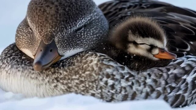 Steller's Eider Duck and Chick Huddling for Warmth in Winter Snow, 4K Video