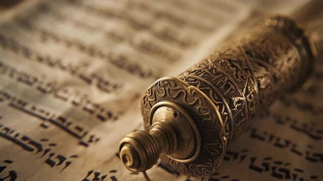 Traditional brass mezuzah resting on ancient Hebrew text, symbolizing cultural heritage and religious devotion