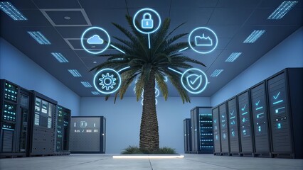 Digital Trust and Verification Symbols Glowing in Blue While Floating Above a Palm in a Secure Tech Environment