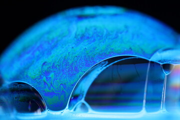 Blue reflections of liquid in macro, bright liquid surface, bubbles in macro, connection of bubbles...