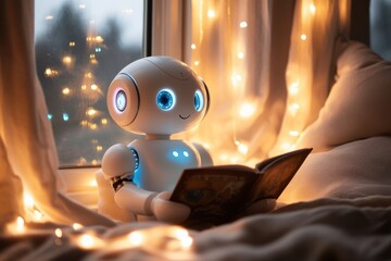 Cute robot sitting by the window reading a bedtime story with fairy lights glowing in the background during a cozy evening