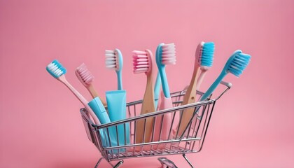 Two wooden toothbrushes in a shopping trolley on a pink background. Eco-friendly items for personal hygiene. Zero waste, no plastic