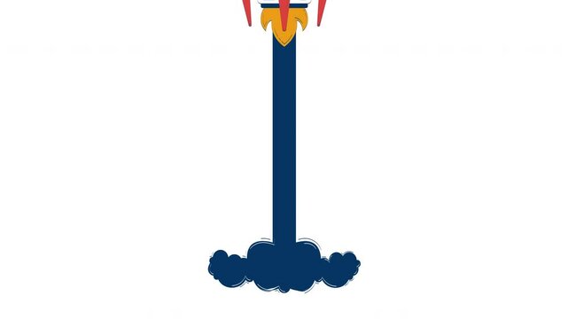 MVP startup rocket launch 2D object doodle animation. Business takeoff. Viable product blasting off with smoke animated flat element isolated on white background. Cartoon 4K video drawing