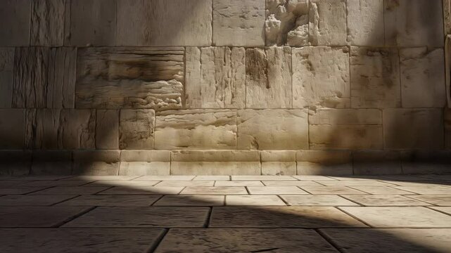 Soft sunlight casting long shadows across ancient stones of empty wailing wall during quiet prayer moment