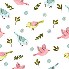 Seamless Fantasy Birds Pattern in Pastel Colors