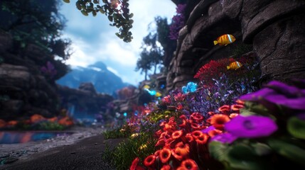 Lush underwater canyon, vibrant coral reefs, exotic fish, mountains in background.  Possible use  Video game backdrop, fantasy art