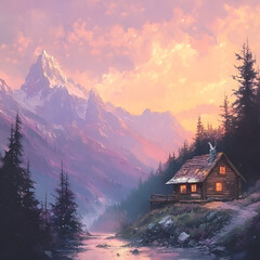 Fototapeta premium Serene mountain cabin amidst majestic peaks tranquil landscape digital art sunset view nature's beauty