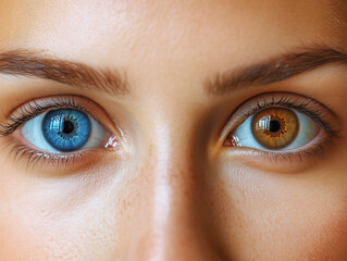 Fototapeta premium close up of woman face showcasing heterochromia, with one eye blue and other brown. striking contrast highlights her unique features and captivating gaze