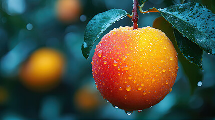 Fresh peach on a tree with dew-like water droplets. Bright and colorful fruit with dark green leaves and blurred fruits in the background