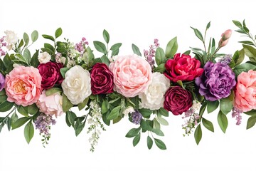 Naklejka premium Beautiful floral garland with pinks, reds, and purples.
