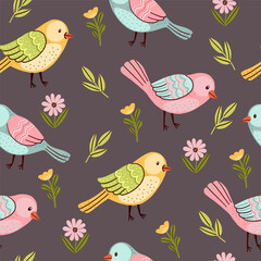 Cute Fantasy Birds Pattern on Dark Background
