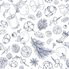 Orange whole and peeled tangerines with candles, pine branch and cone, cotton, spice leaves, cookies and chocolates. Graphic illustration hand drawn in black ink. Seamless pattern EPS vector.