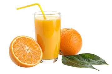 A refreshing glass of sunshine, a burst of vitamin C, perfectly ripe oranges ready to be enjoyed, with a bright yellow straw against a crisp white background.