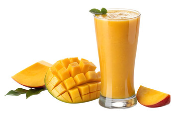 A refreshing mango smoothie, perfectly blended with juicy, ripe mango chunks, garnished with a mint sprig, against a bright white background.
