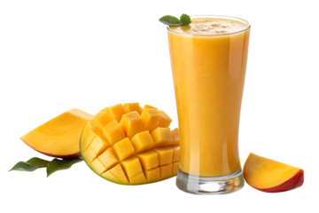 A refreshing mango smoothie, perfectly blended with juicy, ripe mango chunks, garnished with a mint sprig, against a bright white background.