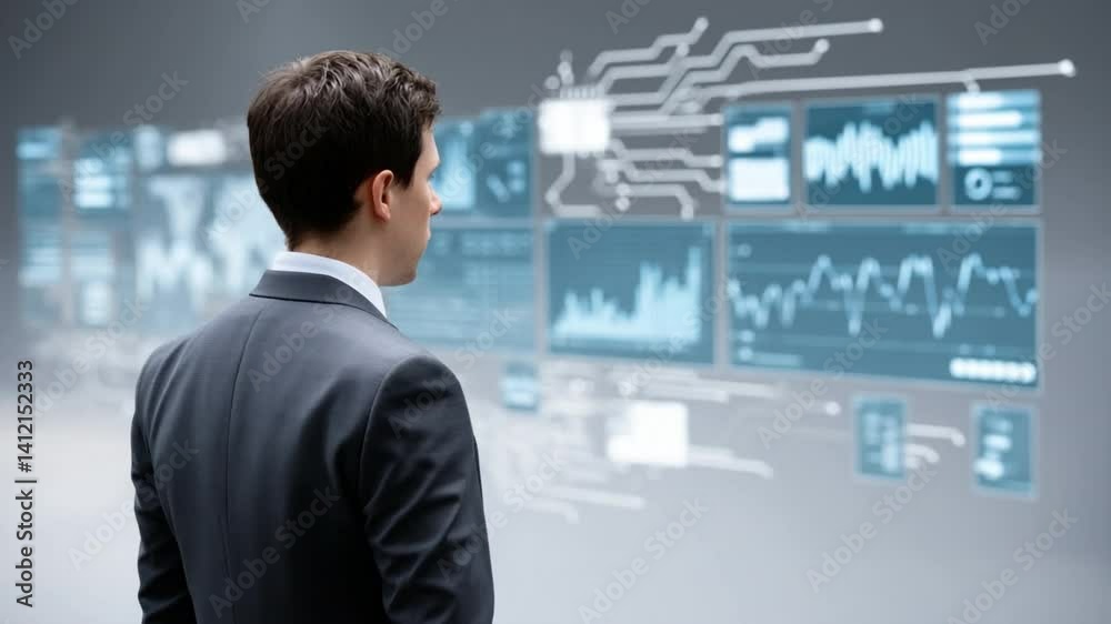 Poster tech visionary: a sharp dressed professional immersed in a futuristic digital world, surrounded by d