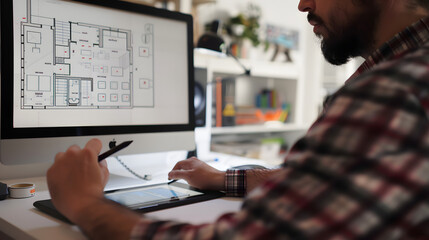 Professional Architect Working on Detailed Floor Plan Blueprint at Home Environment